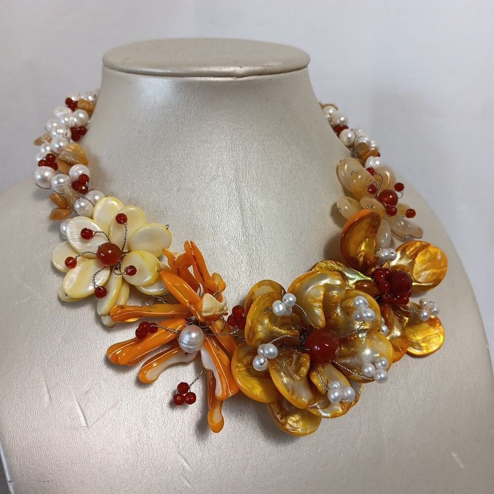 Wearable Art Pearls Mother of Pearl Glass Stainless Statement Necklace Handmade
